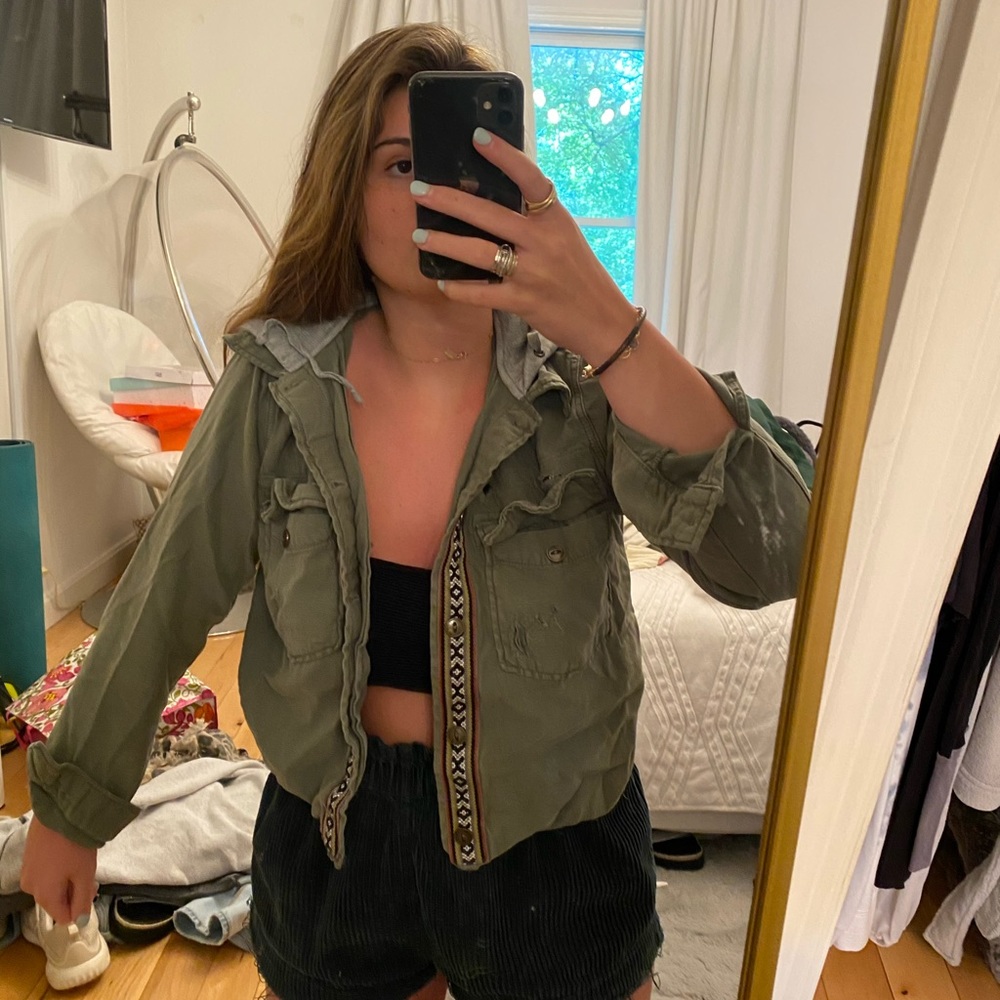 Free people army green jacket with hood